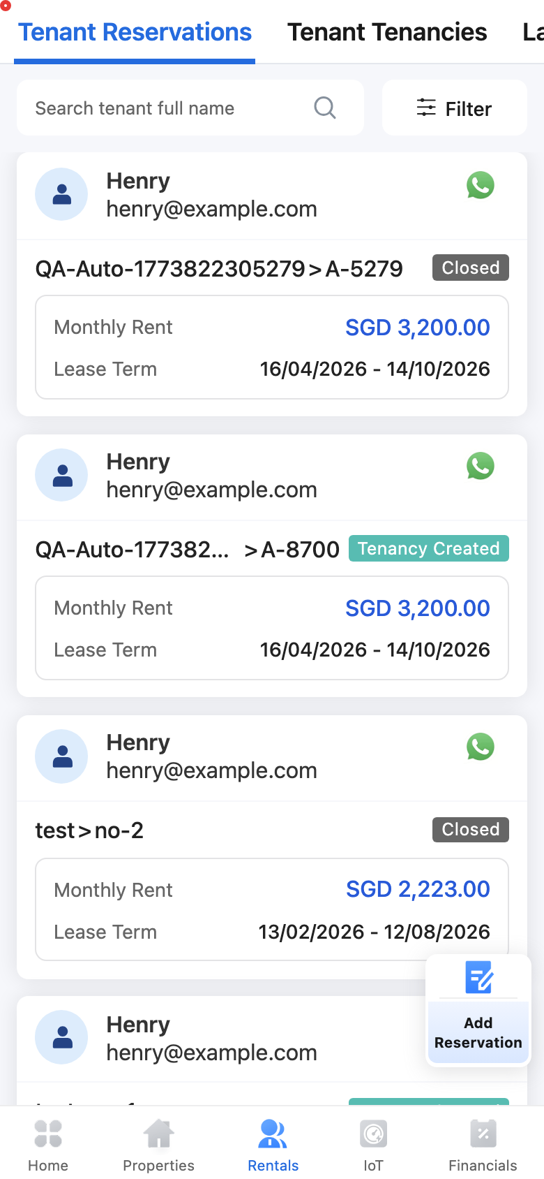 App entry to Tenant Reservations