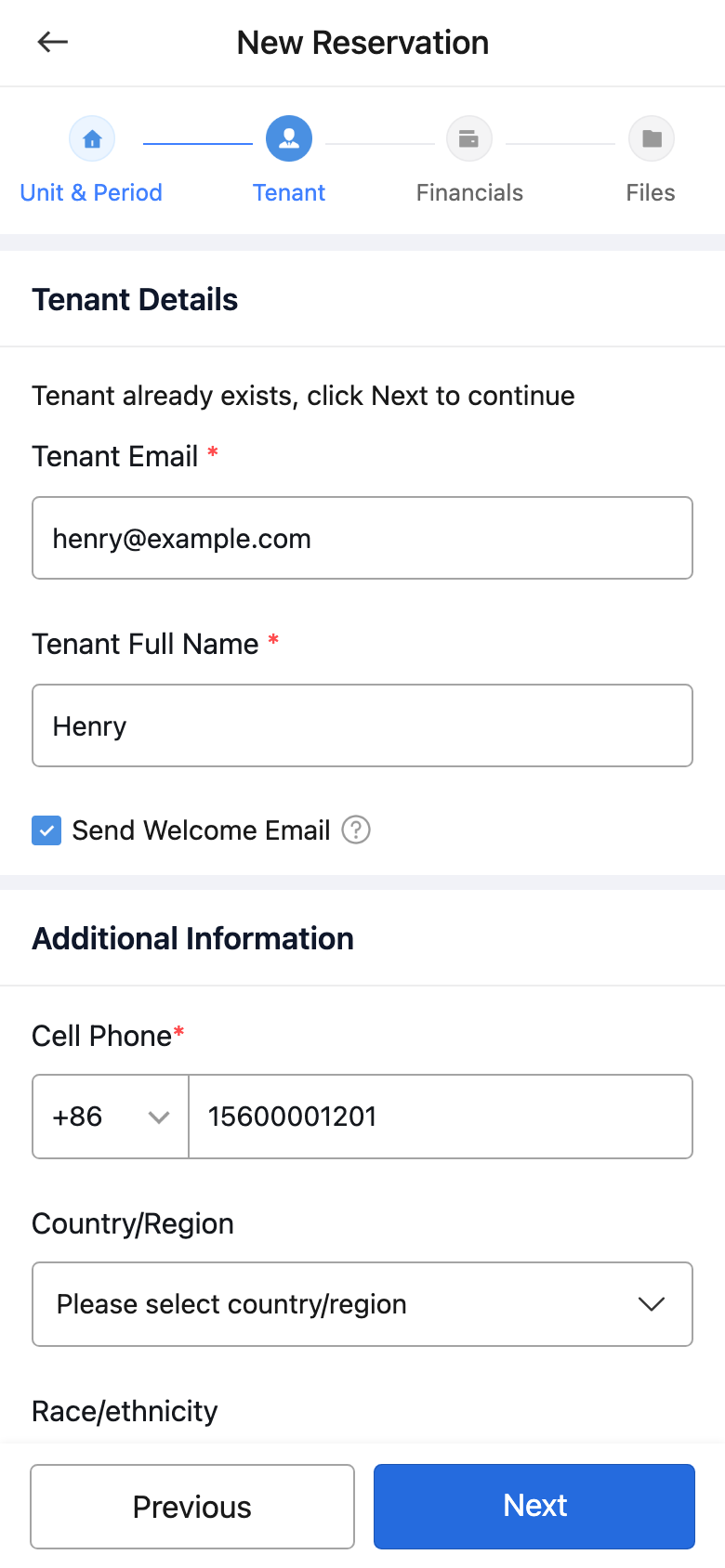 App reservation tenant step