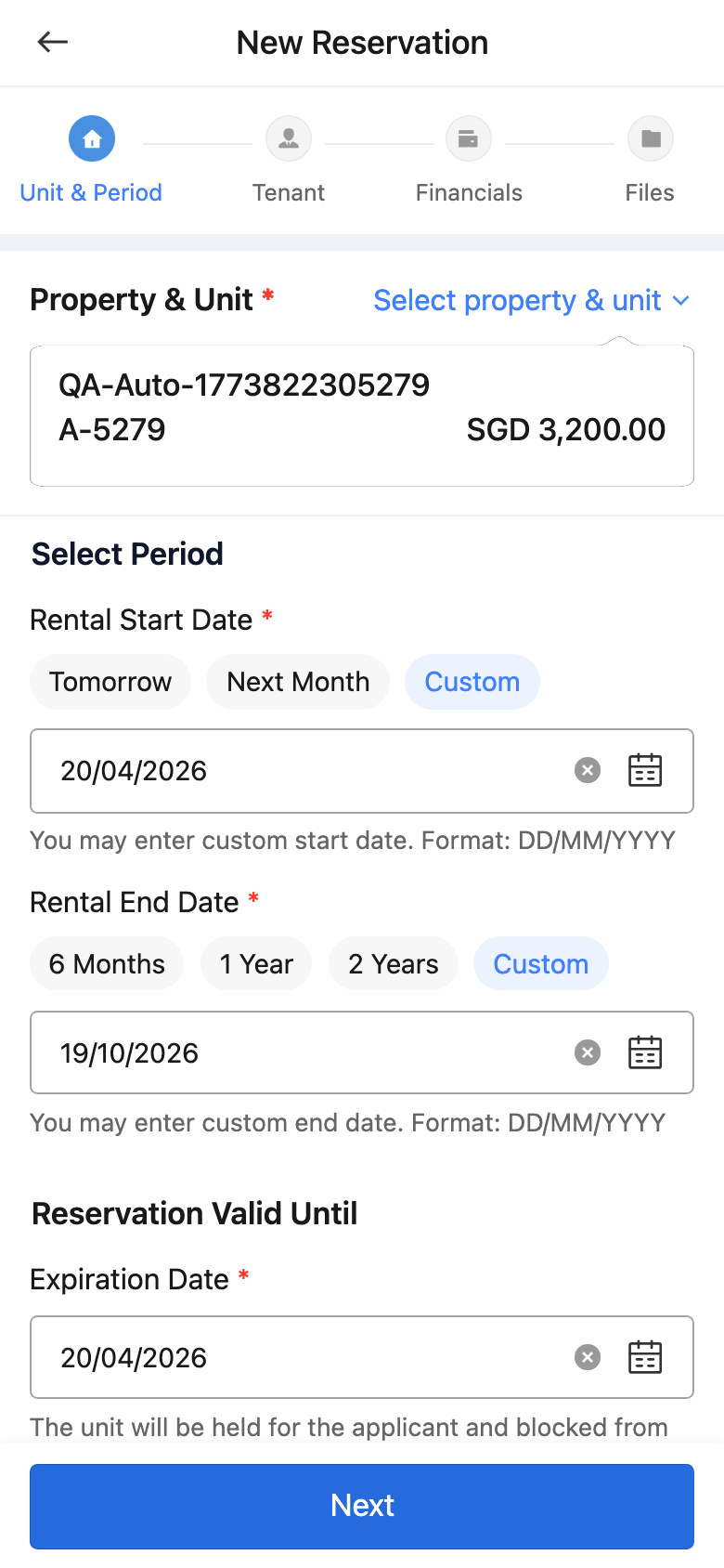 App reservation unit and period step