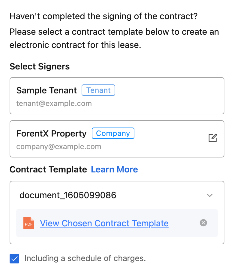 App selected contract template in New Tenancy