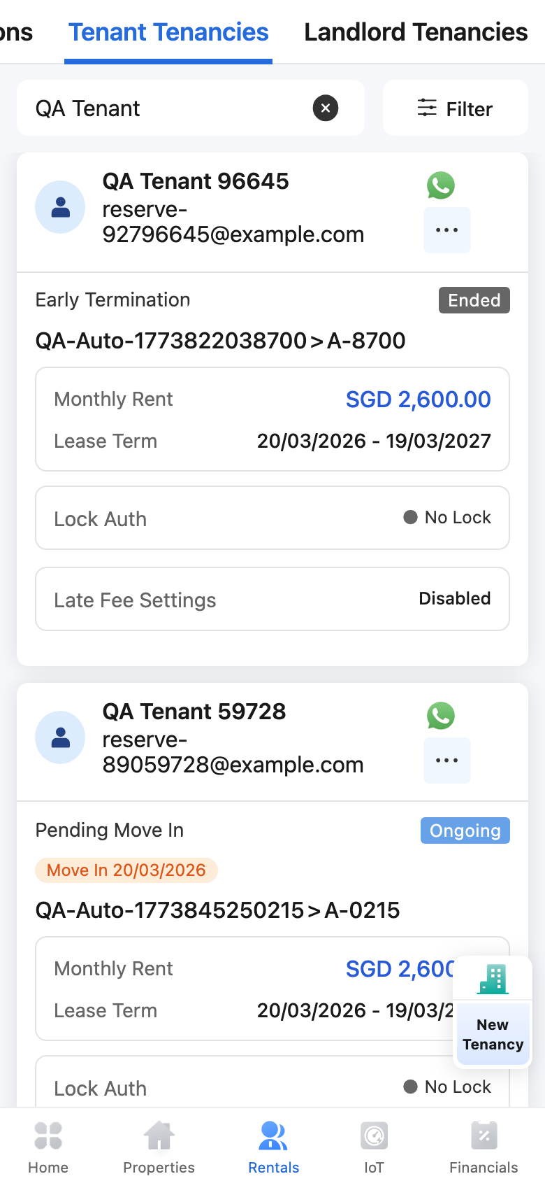 Tenant tenancy status on App cards