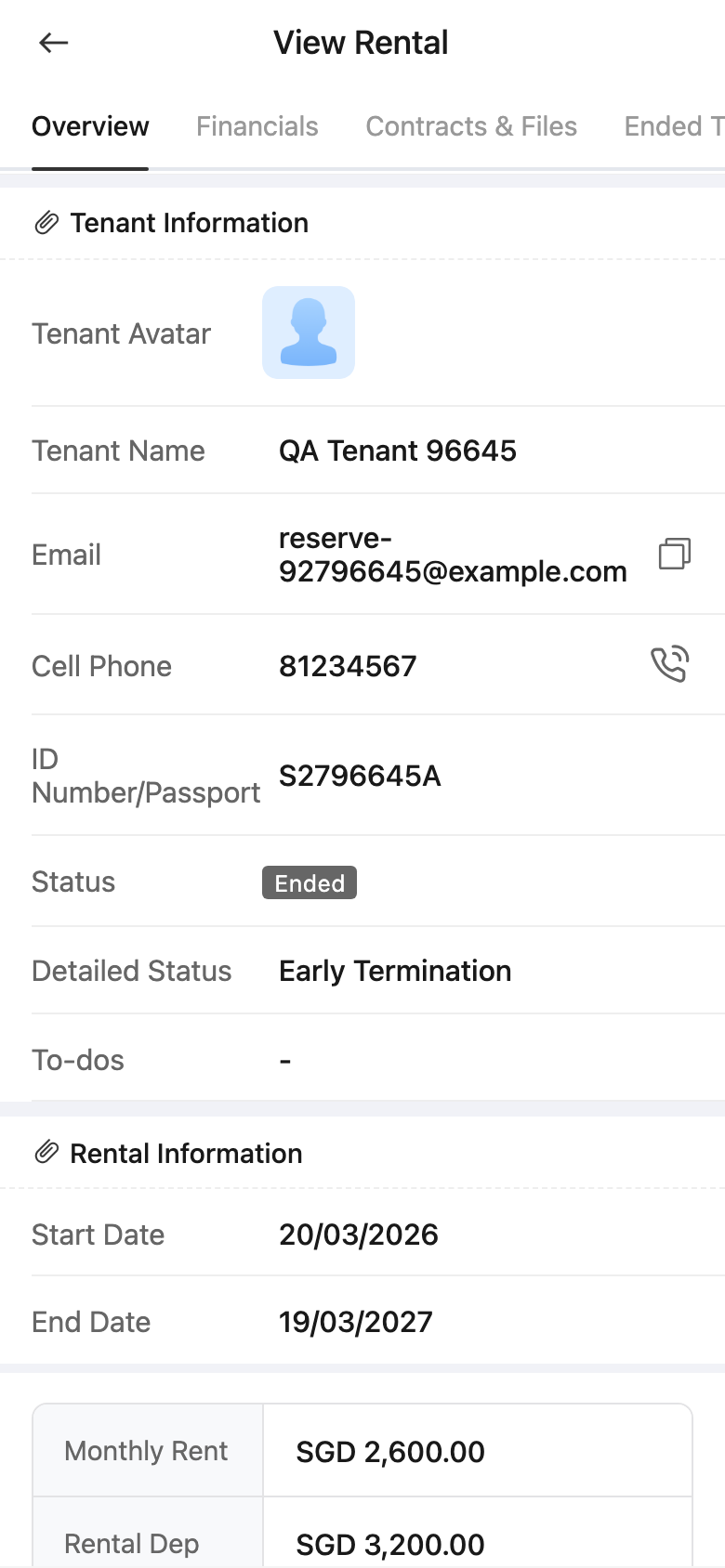 App ended tenancy overview entry