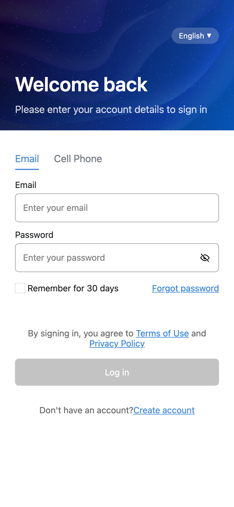 Tenant app login page