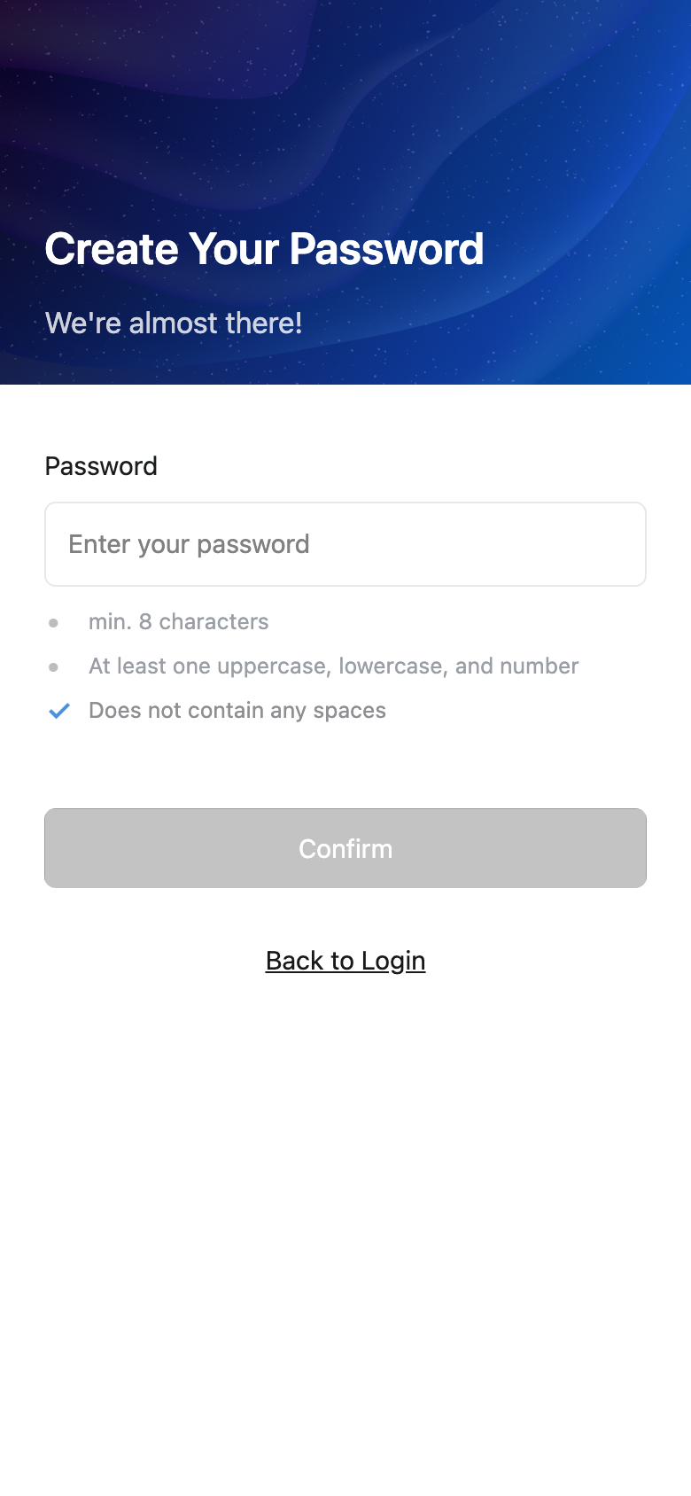 Tenant app create your password page