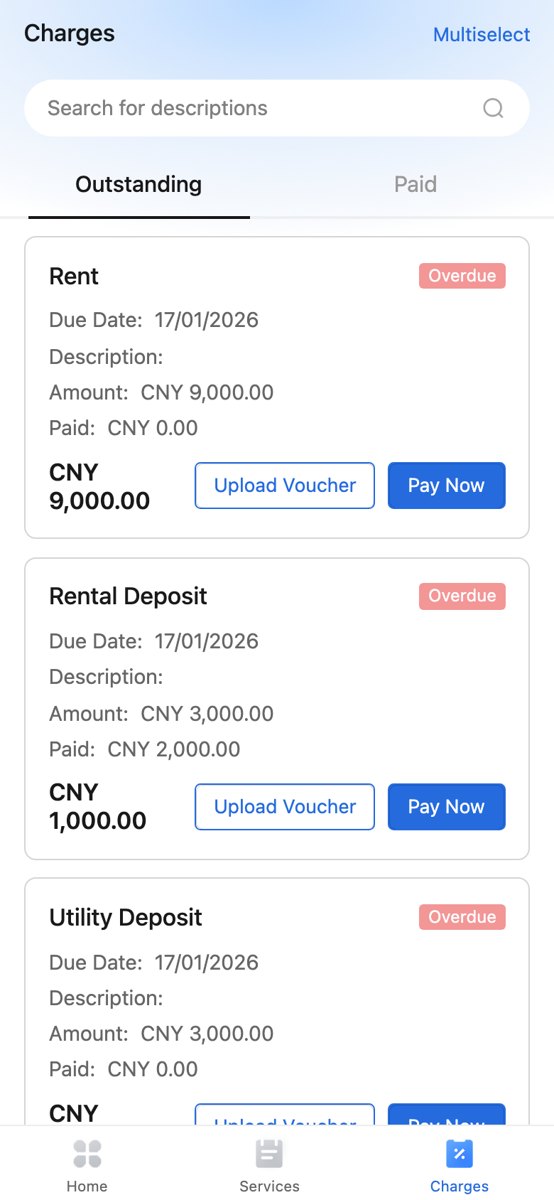 Tenant Charges list