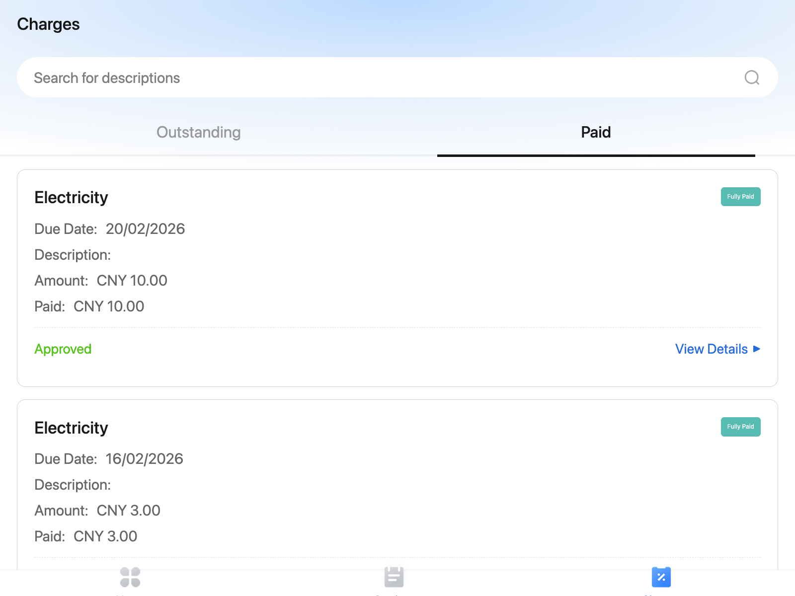 Paid charges list in the tenant app