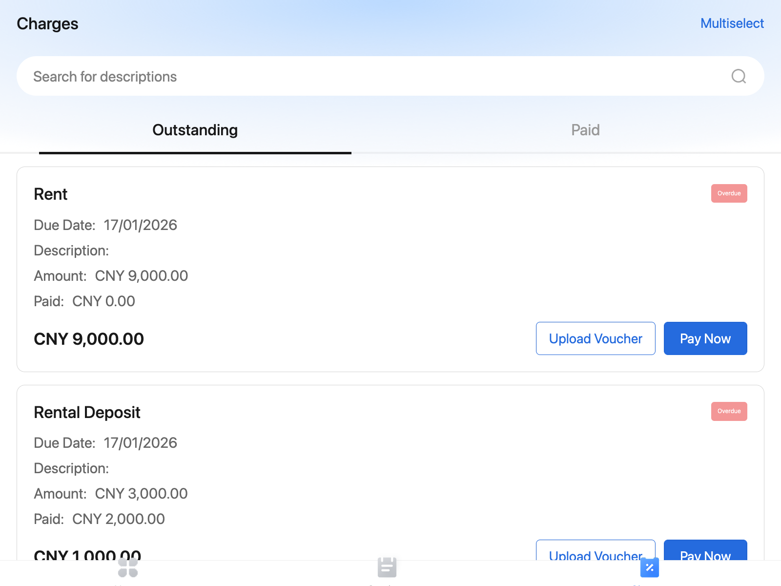 Outstanding charges list in the tenant app