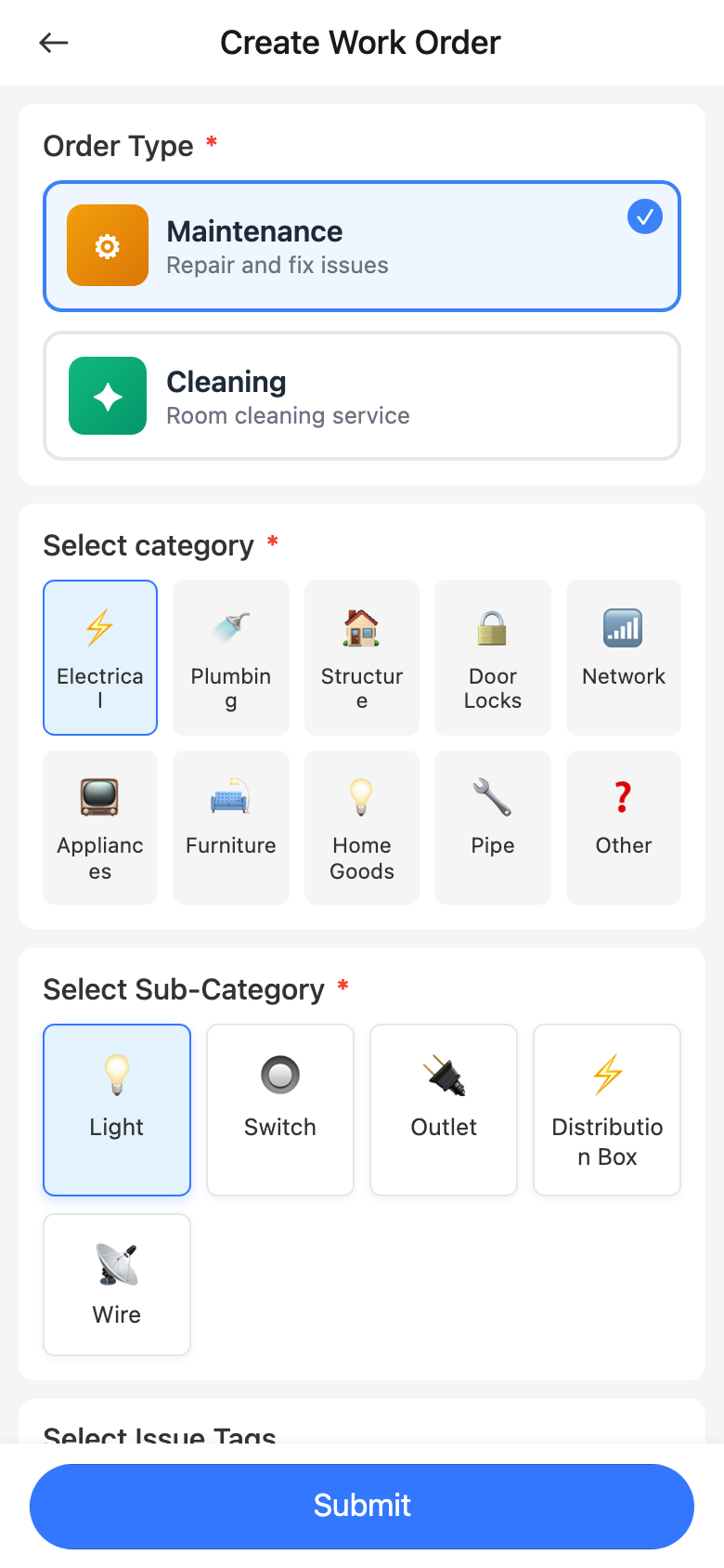 Create Work Order form