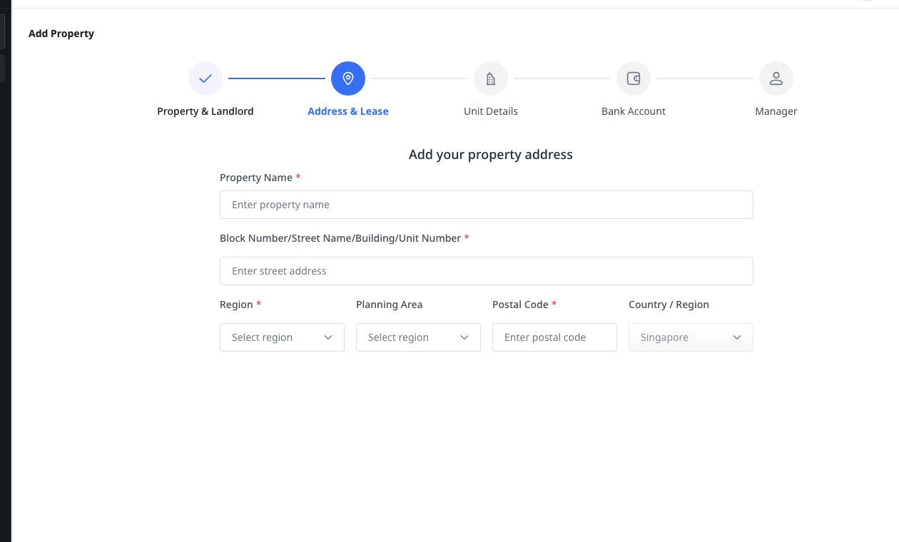 Add Property address and lease step