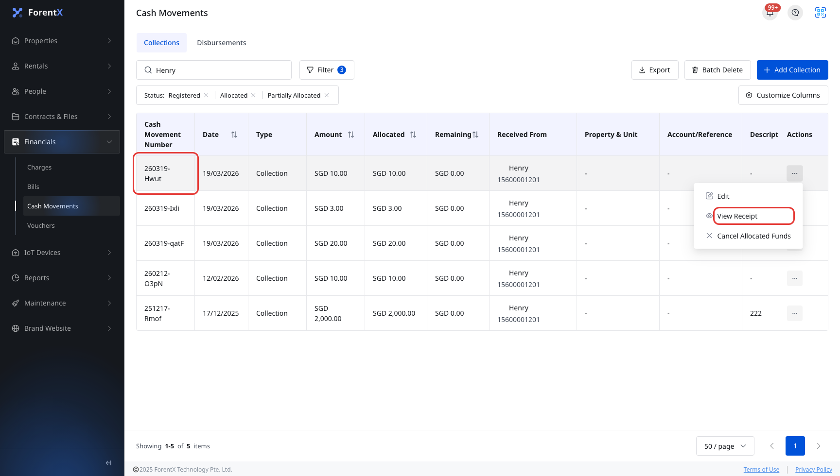 Collections action menu for View Receipt