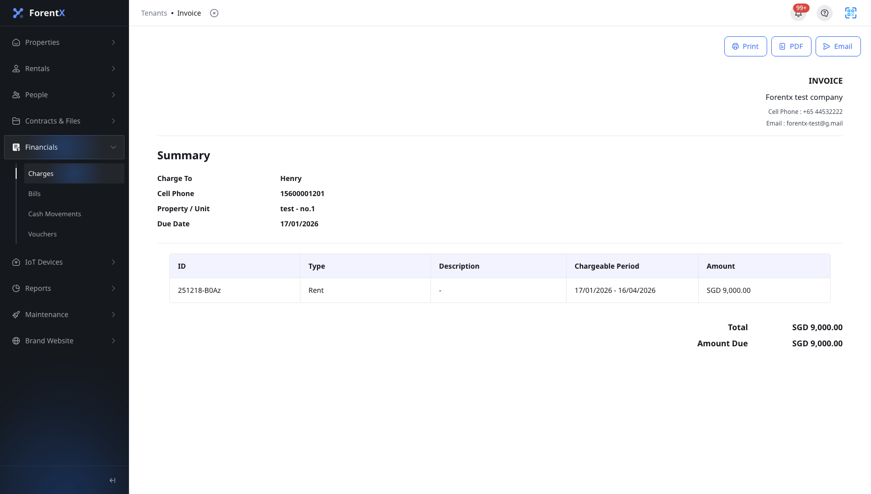 Charge invoice action bar