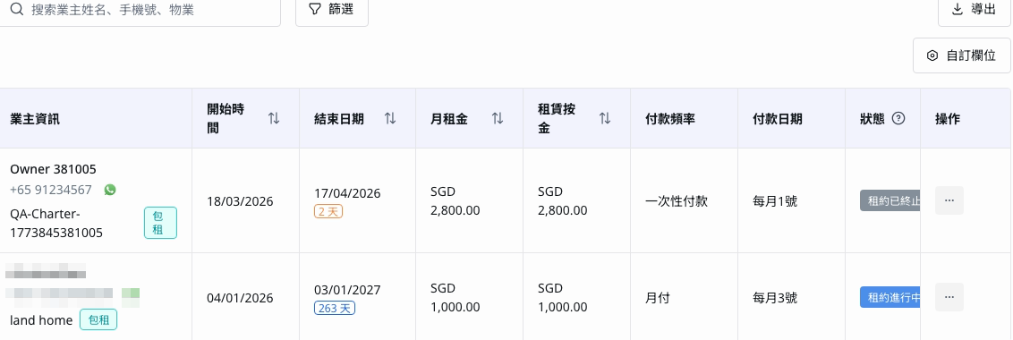 業主租賃管理列表