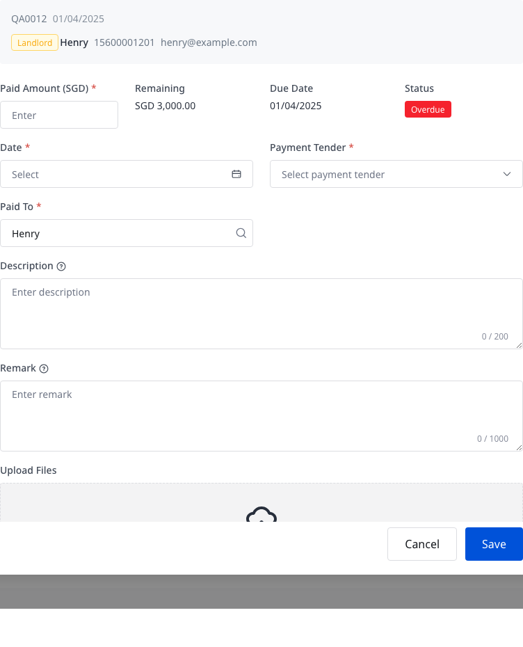 Record Payment dialog