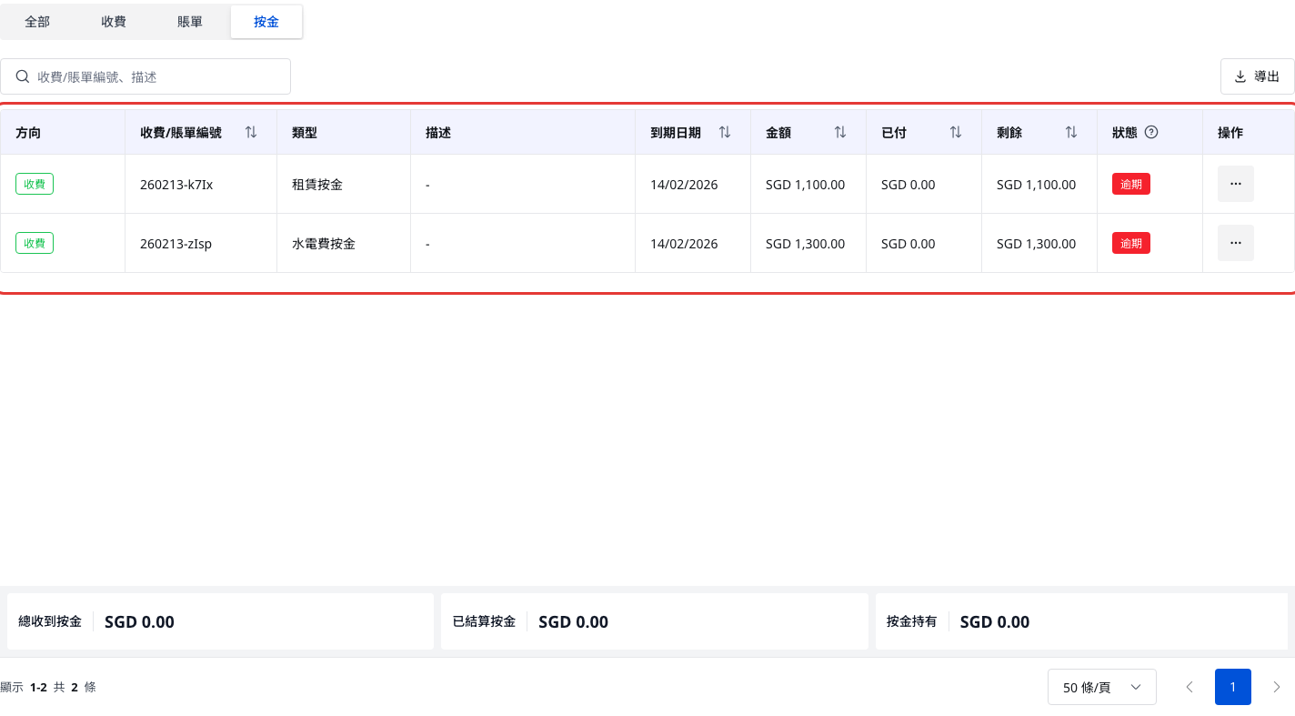網頁版按金列表總覽