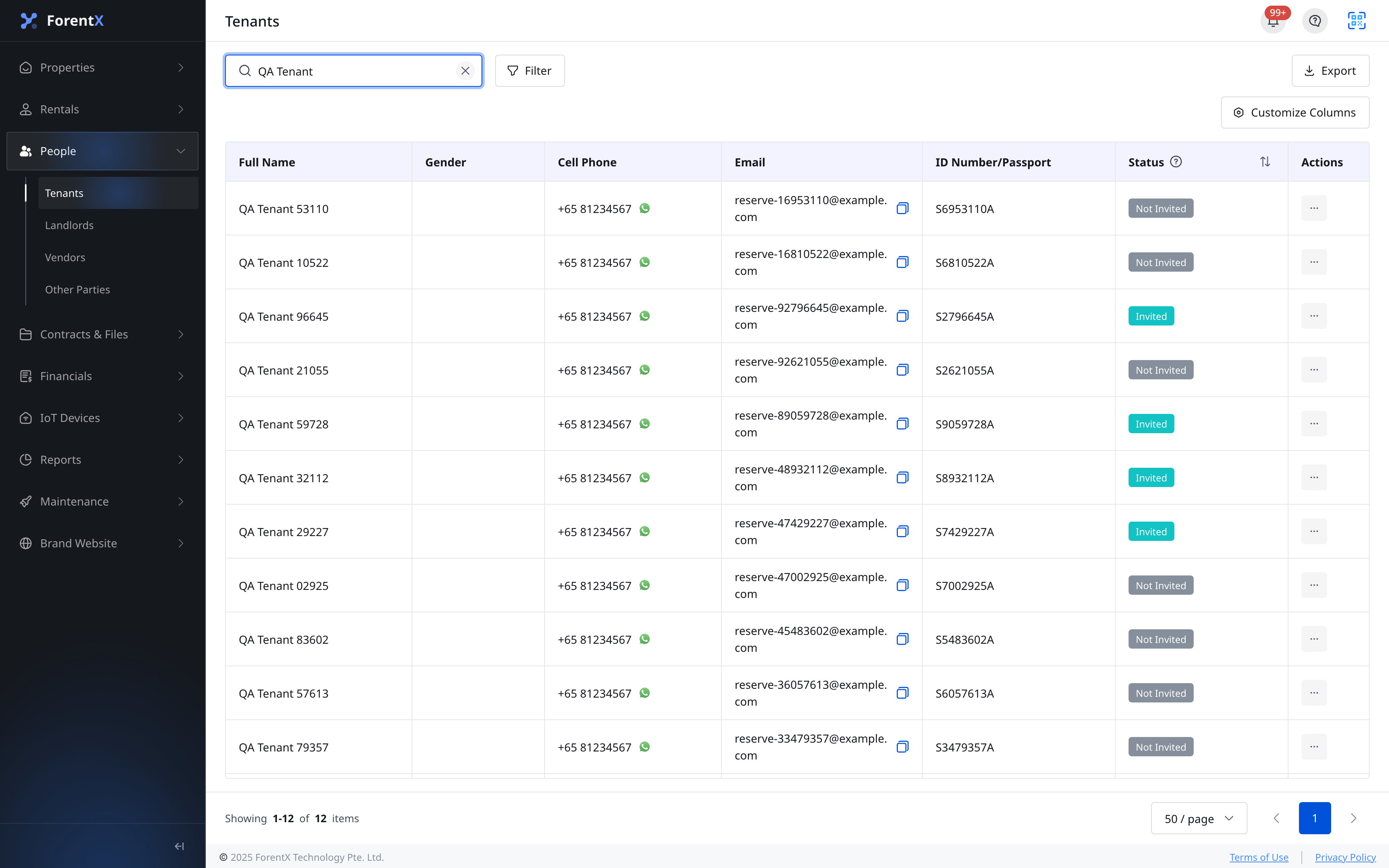Web tenant list and portal status overview
